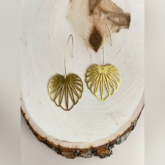 Gold Delicate Leaf Earrings - Long Minimalist Brass Earrings - Picture 1 of 11